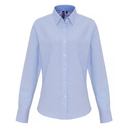Premier Workwear Ladies Cotton Rich Oxford Stripes Shirt White|Grey (ca. Pantone 430c)