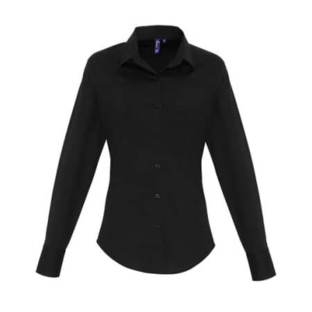 Premier Workwear Ladies Stretch Fit Cotton Poplin Long Sleeve Shirt Black