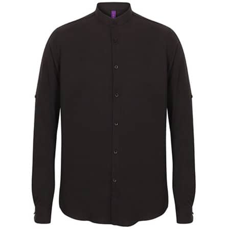 Henbury Men`s Mandarin Shirt Roll Tab Sleeve Black